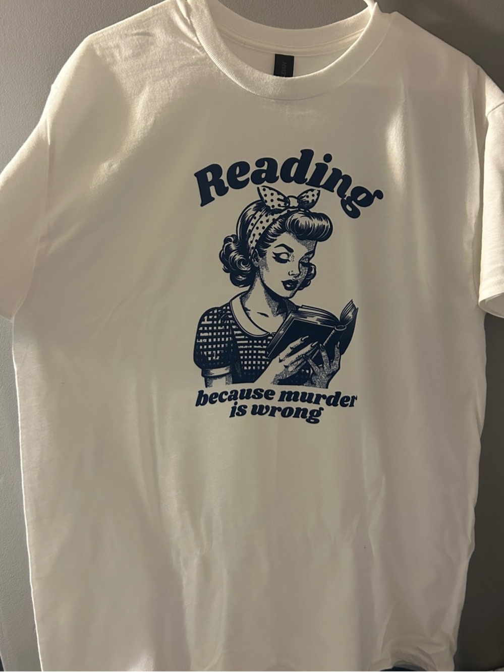 Gildan White Tee with Navy Retro Reading Graphic